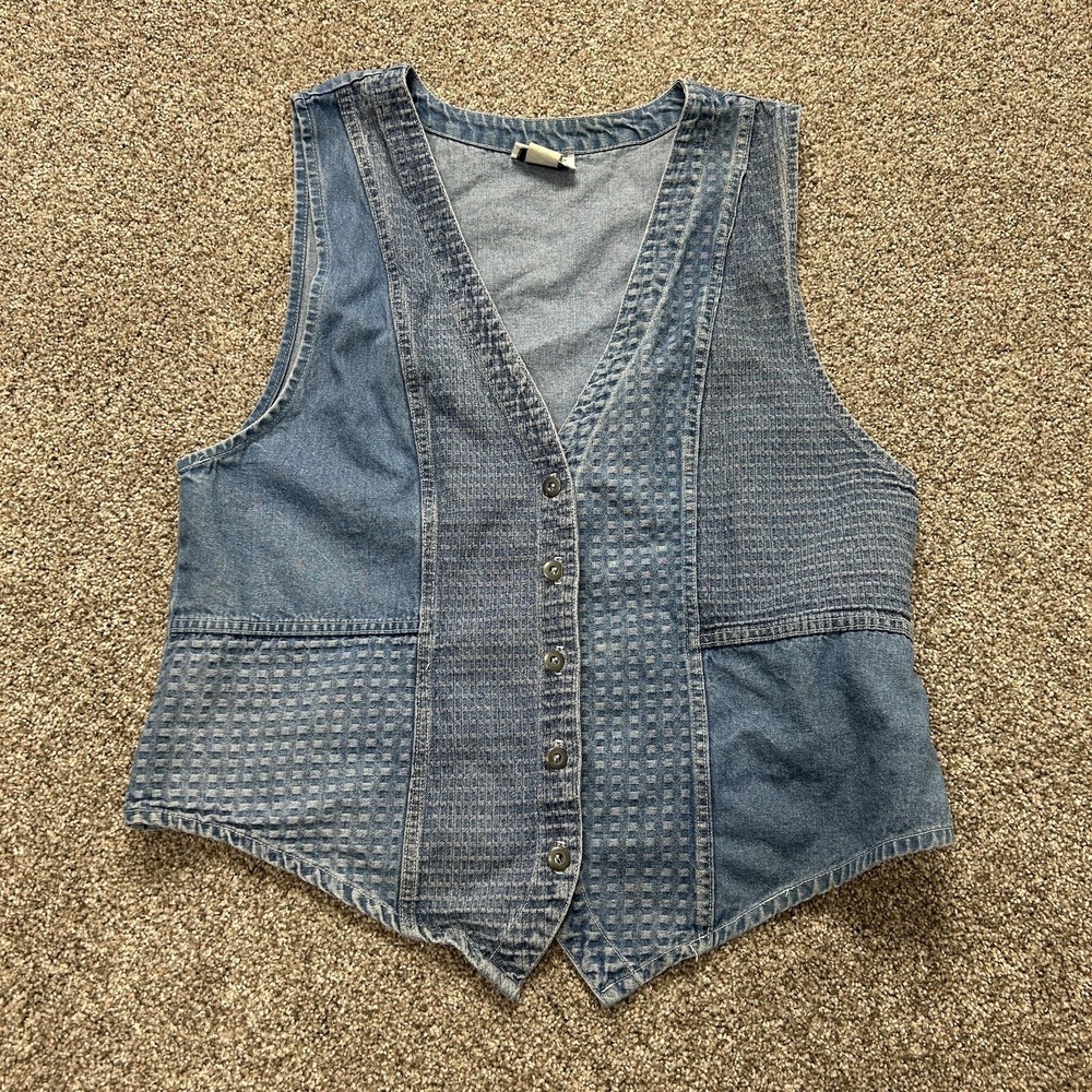Vintage Venice Blues Vest Womens Large Blue Denim Patchwork Button Front USA